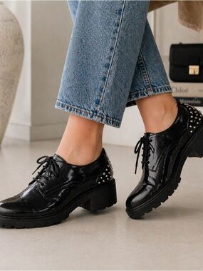 Zara Black Studded Platform Loafers Size 41-Chunky Grunge Oxford Style